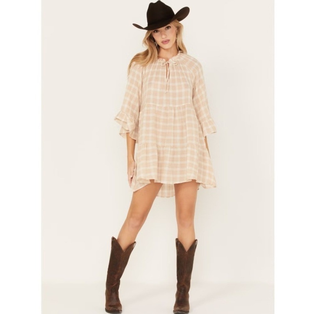 Show Me Your‎ MuMu Dress Womens M Beige Gingham Ruffle Swing Mini Boho Pockets